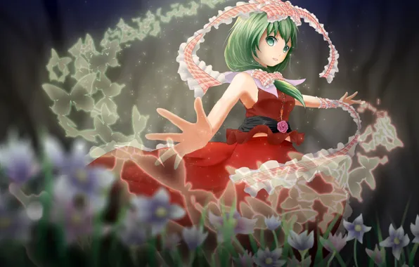 Картинка девушка, цветы, ленты, красное платье, зеленые волосы, touhou, Kagiyama Hina