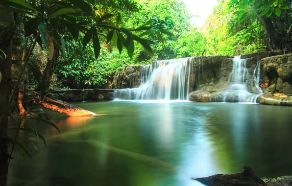 Картинка зелень, лес, солнце, тропики, ручей, водопад, Таиланд