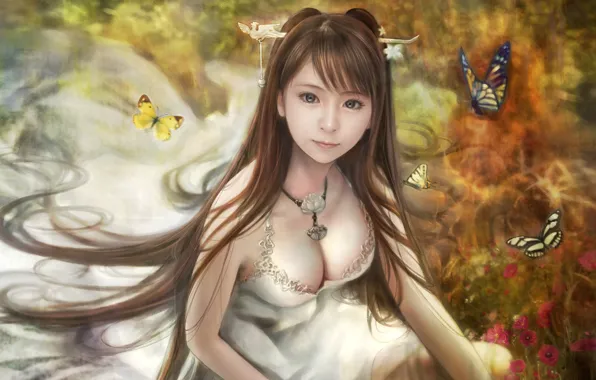 Картинка девушка, бабочки, цветы, i-chen lin