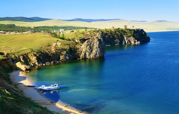 Картинка озеро, скалы, берег, Байкал, Россия, катера, поселок, Baikal