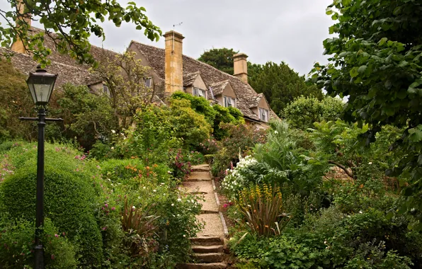 Картинка природа, фото, Англия, сад, фонарь, кусты, Tewkesbury