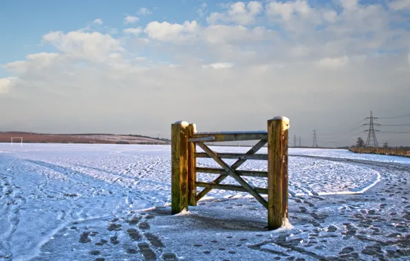 Картинка snow, fence, gate, power line
