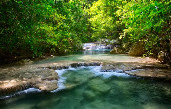Картинка зелень, листья, деревья, река, водопады, тайланд