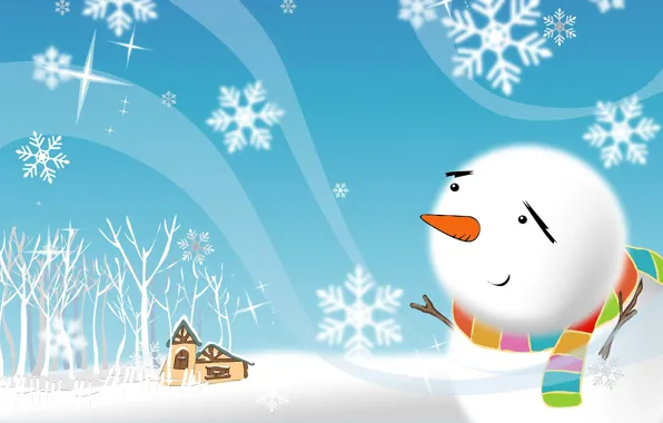 Картинка зима, деревья, снежинки, дом, праздник, рисунок, новый год, шарф, снеговик