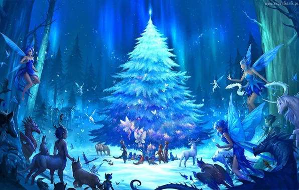 Картинка лес, фентези, праздник, аниме, арт, эльфы, Новый год, ёлка, опушка