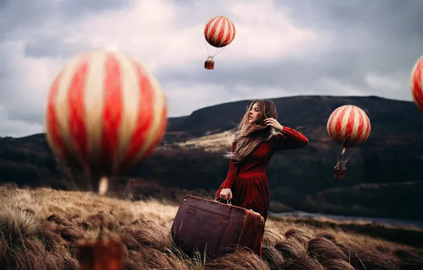 Картинка девушка, воздушные шары, арт, чемодан, Rosie Hardy, Mind Traveller