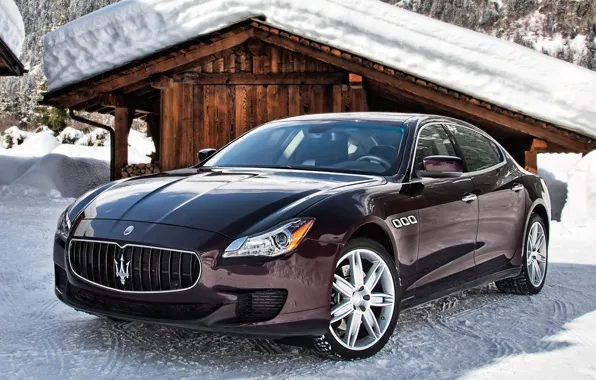 Картинка снег, Maserati, Quattroporte, автомобиль, мазерати, итальянский