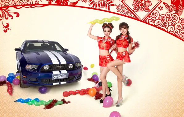 Картинка шарики, девушки, обои, японки, Ford Mustang