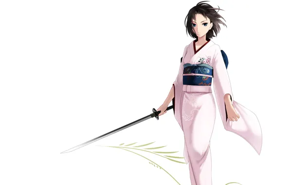 Картинка девушка, узор, меч, катана, кимоно, светлый фон, Kara no Kyoukai, сад грешников, Ryougi Shiki