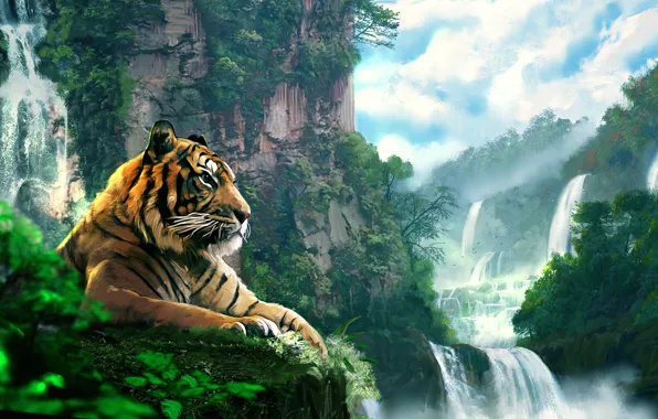 Картинка лес, пейзаж, тигр, гора, водопад, арт