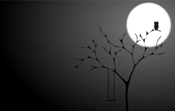 Картинка ночь, фон, дерево, сова, луна, черный, минимализм, Полнолуние