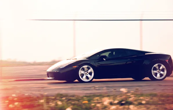 Картинка скорость, Lamborghini, чёрная, Gallardo, black, блик, трек, ламборджини, ламборгини, галлардо