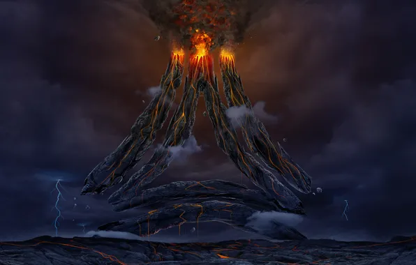 Картинка фантастика, вулкан, арт, лава