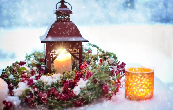Картинка снег, праздник, свечи, фонарик, Новый год, украшение, венок