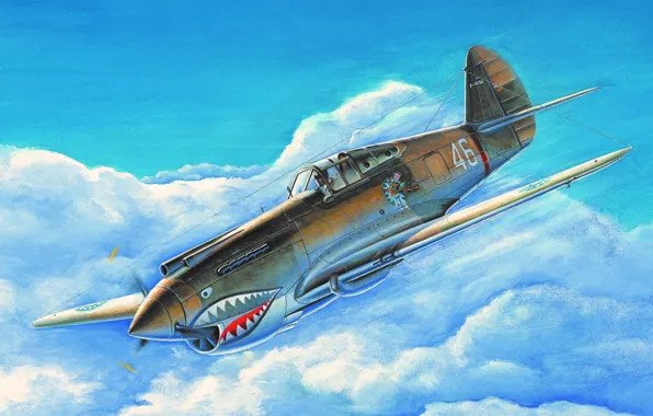 Картинка war, art, airplane, painting, aviation, ww2, Curtiss P-40