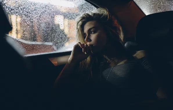 Картинка машина, девушка, капли, дождь, окно