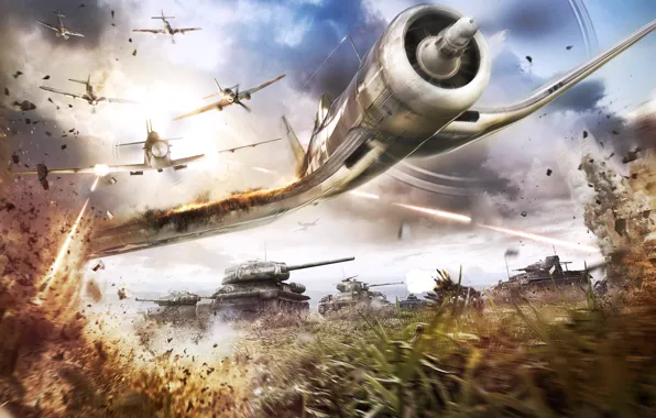 Картинка трава, самолет, война, Games, поле боя, танки, Airplane, Firing