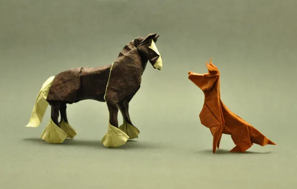 Картинка лошадь, собака, тени, оригами, dog, horse, shadows, origami, лицом к лицу, face to face