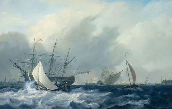 Картинка картина, морской пейзаж, Nicolaas Baur, Военный Корабль Амстердам