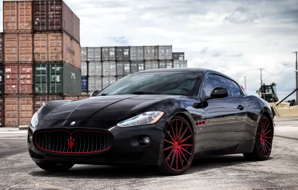 Картинка Maserati, black, GranTurismo, with, exterior, painted, lowered, Vossen wheels, matched, and red, on color, accents …