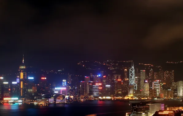 Картинка ночь, Гонконг, небоскребы, Огни, неон