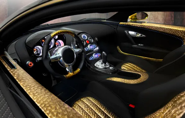 Картинка авто, золото, панель, кожа, приборы, руль, спорткар, салон, Mansory, Bugatti Veyron 16.4 LINEA Vincero d’Oro, …