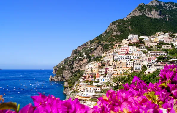 Картинка цветы, природа, город, скалы, побережье, дома, Италия, Italy, Amalfi, Амальфи
