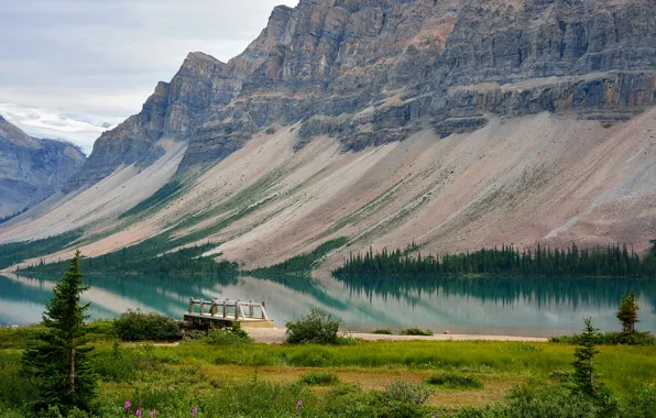 Картинка деревья, горы, озеро, причал, Канада, Альберта, мостик, Bow Lake