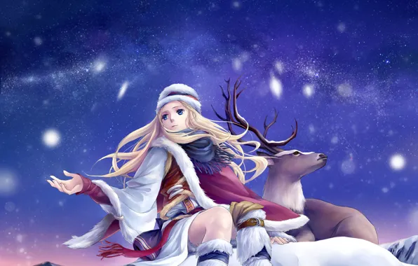 Картинка зима, небо, звезды, снег, олень, арт, девочка, ann