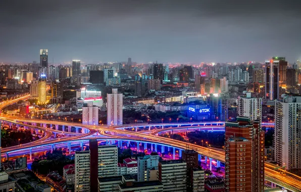 Картинка China, здания, дороги, панорама, Китай, Shanghai, Шанхай, ночной город, Хуанпу, Huangpu