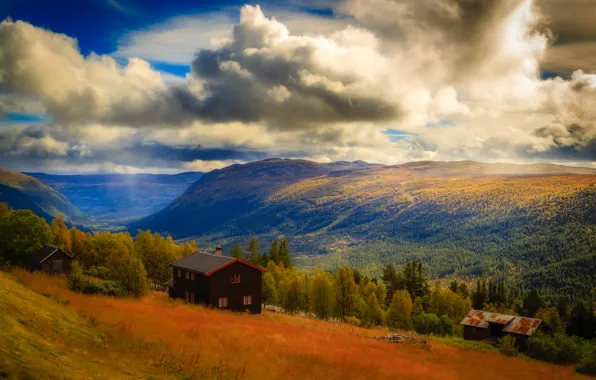 Картинка лес, небо, облака, горы, дом, Норвегия, национальный парк, Hardangervidda, Хардангервидда