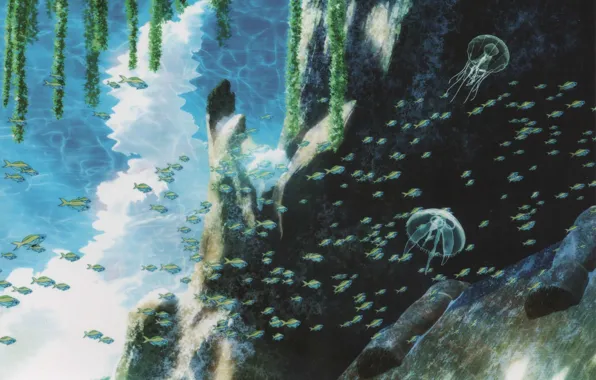 Картинка рыбки, скала, блики, медузы, подводный мир, Nagi no Asukara, Когда успокоится море, by Hideki Takahashi