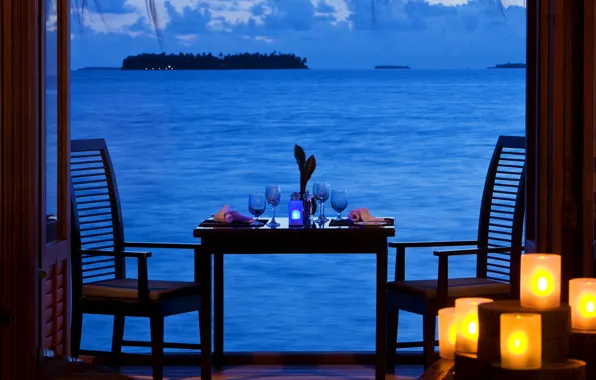 Картинка океан, романтика, вид, вечер, свечи, ужин