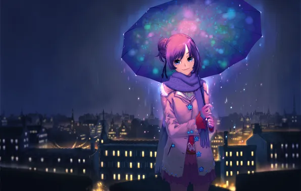 Картинка ночь, город, зонтик, пасмурно, Umbrella