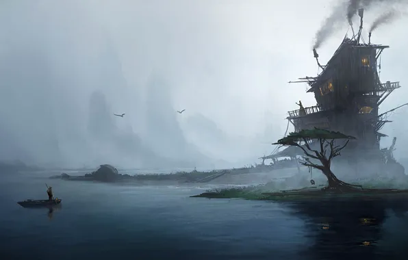 Картинка туман, дом, люди, дерево, лодка, арт, Emmanuel Shiu
