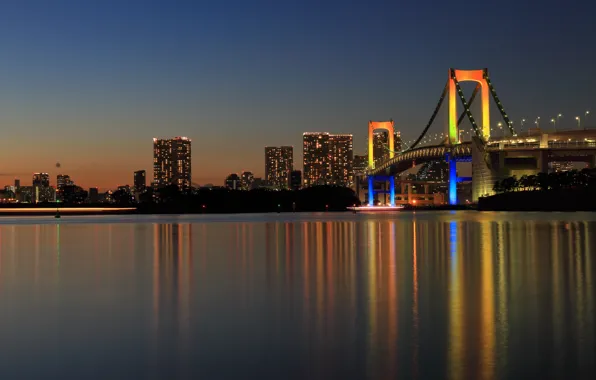 Картинка мост, город, отражение, Япония, Токио, панорама, Tokyo, Japan, Rainbow Bridge