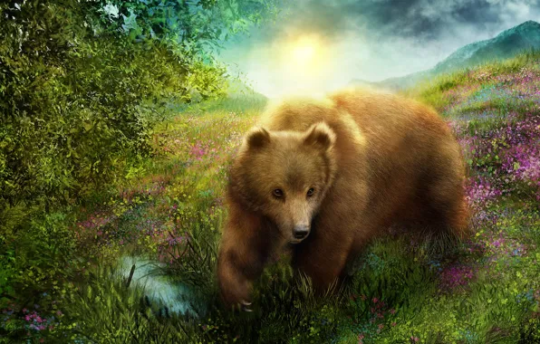 Картинка трава, природа, рендеринг, медведь, мишка
