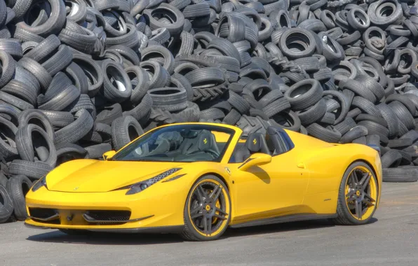 Картинка желтый, фон, Феррари, Италия, Ferrari, суперкар, 458, Italia, Spider, передок.шины, Novitec Rosso