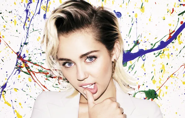Картинка взгляд, лицо, фон, краски, макияж, актриса, прическа, кляксы, певица, Miley Cyrus, в белом, американская, загадочный, …