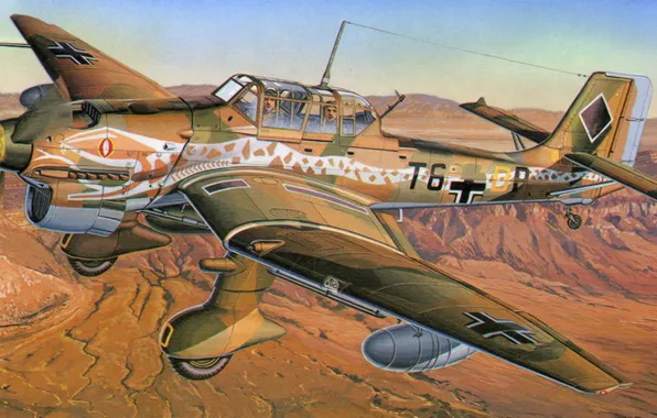 Картинка war, art, airplane, painting, aviation, ww2, Junkers Ju87R-2 Stuka &quot;desert snake&quot;