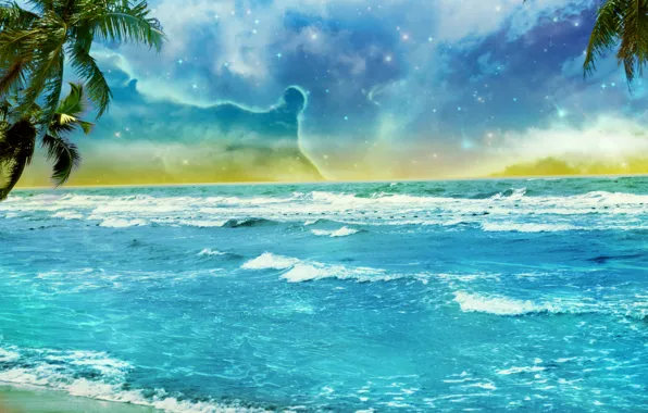 Картинка пляж, небо, облака, пальмы, океан, берег, звёзды, арт