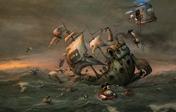 Картинка море, шторм, корабль, робот, арт, пираты, вертолёт