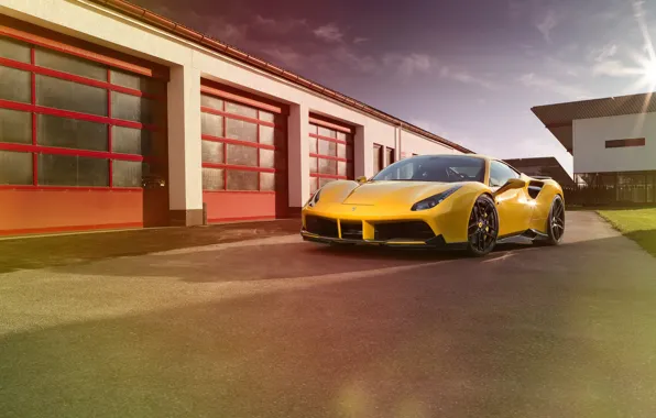 Картинка машина, желтый, Ferrari, суперкар, supercar, yellow, передок, Rosso, Novitec, 488 GTB