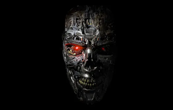 Картинка оружие, креатив, фантастика, пистолеты, череп, терминатор, черный фон, патроны, гранаты, автоматы, Terminator: Genisys, Терминатор: Генезис