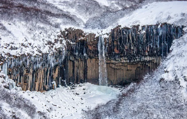 Картинка снег, скалы, водопад, Исландия