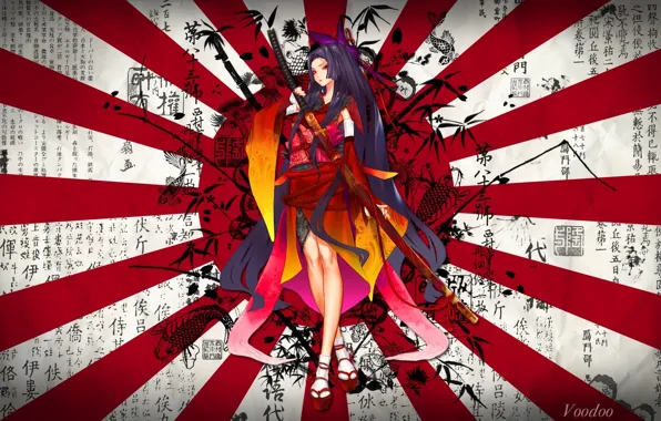 Картинка девушка, солнце, катана, иероглифы, кимоно, красные глаза, japan, woodoo