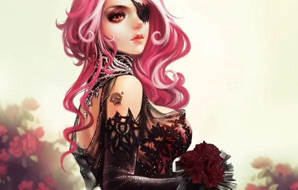 Картинка девушка, цветы, розы, букет, арт, повязка, розовые волосы