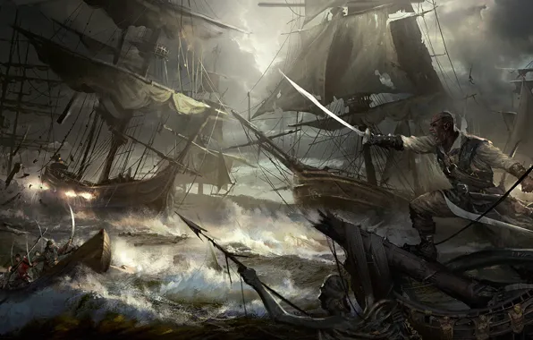 Картинка море, лодка, корабли, буря, бой, пираты, сабля