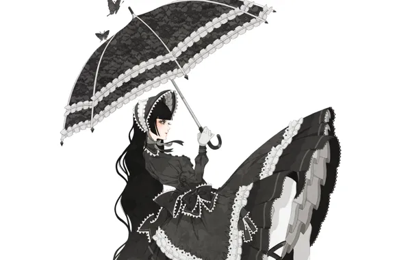 Картинка девушка, бабочки, зонт, банты, пышное платье, Gothic Lolita, готическая лолита