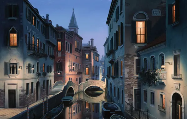 Картинка город, Италия, Венеция, канал, живопись, Italy, гондола, painting, Venice, евгений лушпин, eugeny lushpin, лушпин, Night …